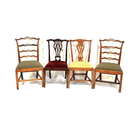 Set of five 19th Century mahogany dining chairs, open wavy ladder backs, drop in seats, the legs joined by stretchers, includ