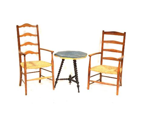 Arts &amp; Crafts style beechwood chair, ladder back, rush seat, width 52cm, height 110cm, another ladderback chair and a gyp