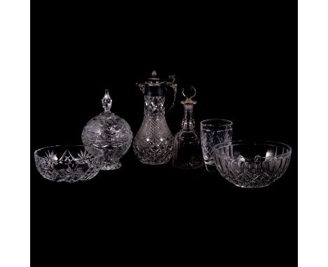 Cut-glass silver mounted claret jug, C J Vander, London 1974, 30cm, decanter and other glass.Qty: 6