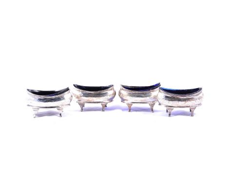 Set of four Georgian silver salts, Alexander Field, London 1801, oval form with engraved band, blue glass liners, 9.5cm, 5.6o