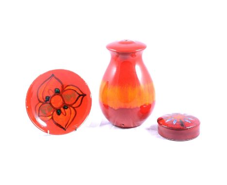 Poole Volcano design table lamp, height 27cm, small Poole dish and lidded box.Qty: 3Condition report:Lamp. Small unglossed ar