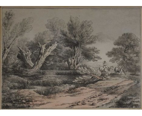 W F Wells after Thomas Gainsborough, Landscape with a pond, soft ground etching, visible 20x27cm.