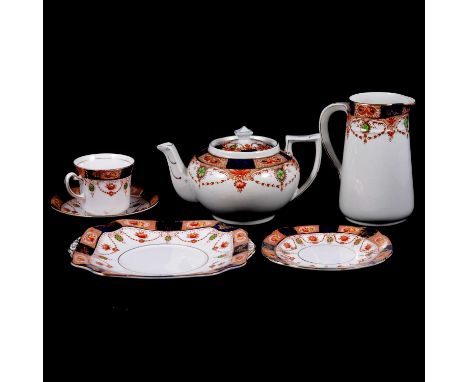 Matched tea service, Colclough and Burgess Bros., including teapot and stand, milk jug and sugar bowl, large jug, eight cups,