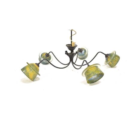 Art Deco style ceiling light with five benched arms supporting Daum style glass shades, internally mottled green and yellow, 