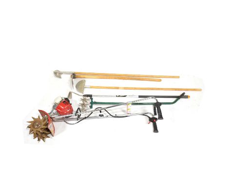 Mantis four stroke tiller powered by a Honda GX-25 motor, electric sprayer; electric strimmer; both with batteries and charge