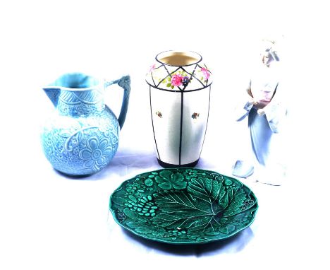 Nao porcelain group of two choir boys, others ceramic ornaments, including leaf moulded plates.