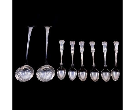 Pair of silver Onslow pattern ladles, makers mark worn, London 1736, 18cm, 4.1ozt, set of six silver coffee spoons, Charles B