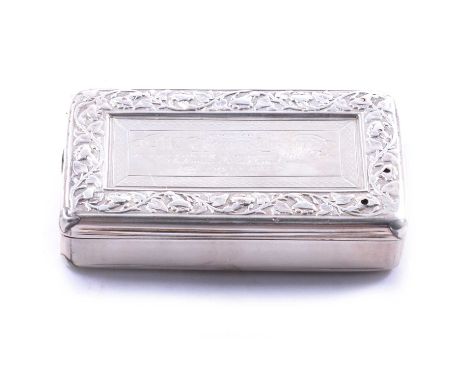 Victorian silver snuff box, Jos. Wilmore, Birmingham 1839, ractangular, the lid with cast border, ei=ngine turned cartouche w