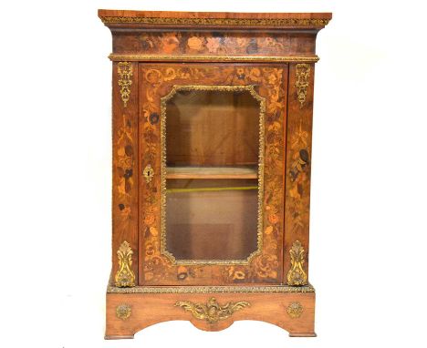 French walnut and marquetry vitrine, gilt metal mounts, glazed door enclosing a shelf, bracket feet, width 77cm, depth 34cm, 
