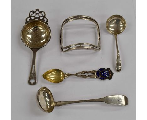 Hallmarked silver buckle, two small ladle, silver &nbsp;and enamel&nbsp; Sussex county RA spoon ect (1 bag)