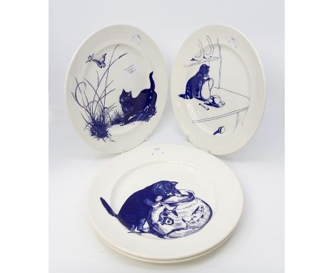 Four Poole Pottery blue and white cat plates, made for the National Trust inspired by examples from Kingston Lacy, Dorset, fo