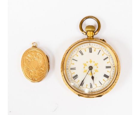 An 18ct gold ladies fob watch, enamel dial with foliate decoration, dial diameter approx 32mm, foliate embossed decoration to