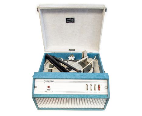 A 1960's Dansette Monarch record player with a blue and cream finish to case, with ebonised tapered legs