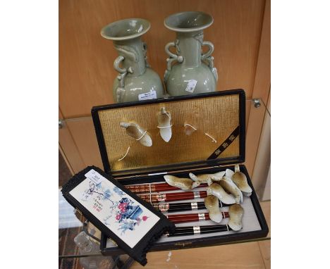 Pair of Chinese vases, small Chinese screen, cased chop stick rest set