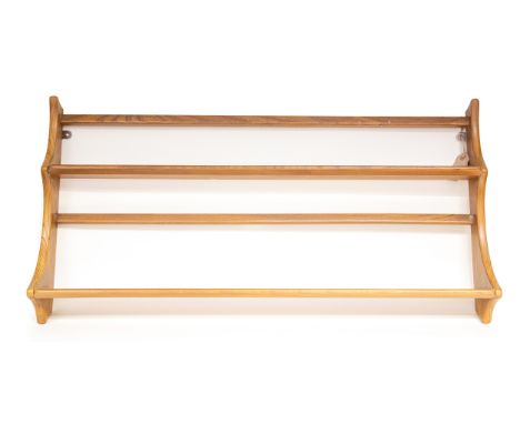 Mid century oak ercol plate rack wall shelf, two shelves and plate ridge with Ercol backstamp, 97cm wide, 50cm high