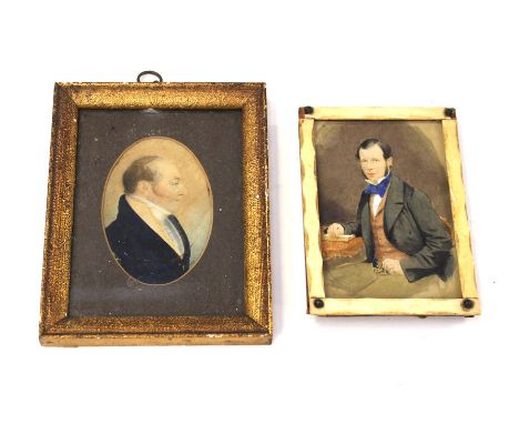 19th Century School,&nbsp;Portrait miniature of Hanson Vincent Fraser, seated at a desk beside an open book, watercolour on c