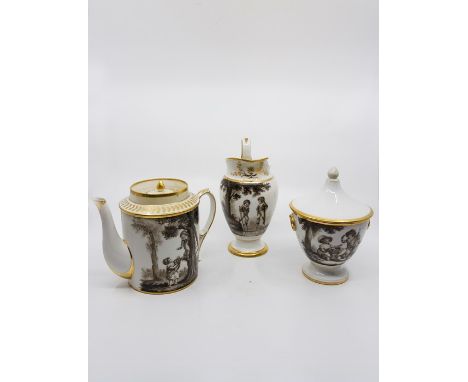 A Swiss coffee part coffee service circa 1825, monochrome painted with scenes of children playing and landscapes, comprising 