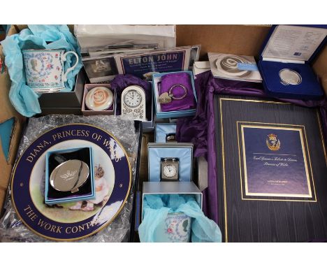 A collectors lot to include; Princess Diana ephemera, stamps, coins, Althorp Clocks, mugs, key fobs, make up purse, Royal Wor