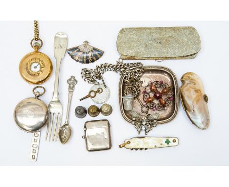 A collection of silver and collectors to include; Victorian silver pocket watch; silver vesta; silver ingot; two silver chain