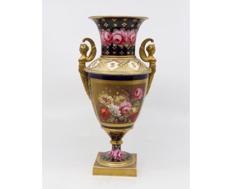 An English porcelain neo-classical style baluster vase, cobalt blue ground decorated panels of hand painted flowers, the enti