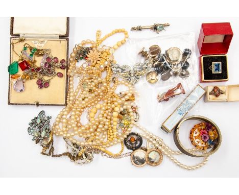 A collection of costume jewellery to include 1920/30's bead necklaces, Belgian brooch, insect brooches, mother of pearl dress