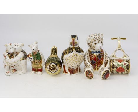 A collection of Royal Crown Derby figures of birds and Teddy Bears, second quality, including a Royal Crown Derby miniature r