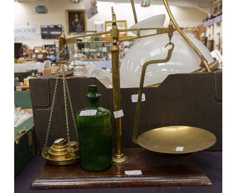 A set of 1 lb brass scales and a L. Morph: Hyd drug bottle (2)
