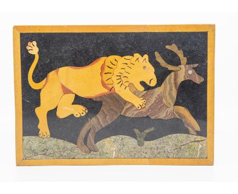 A rectangular slate plaque showing Lion hunting Deer.