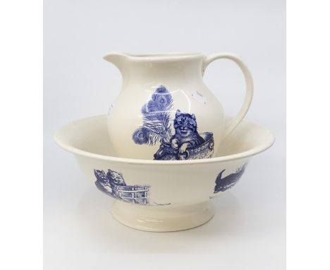 Poole Pottery blue and white cat design jug, 20 cms high approx, and bowl 31 cms diameter approx&nbsp;