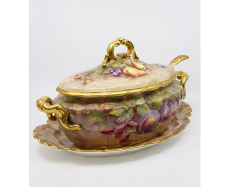 A Royal Worcester Soup Tureen, Cover, Stand and Ladle, each piece hand painted with all over still life of fruit, in gilt rim