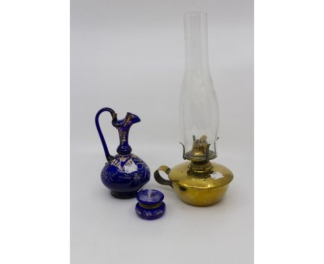 Bohemian blue glass ewer, Mary Gregory cameo glass trinket box and brass and glass lamp