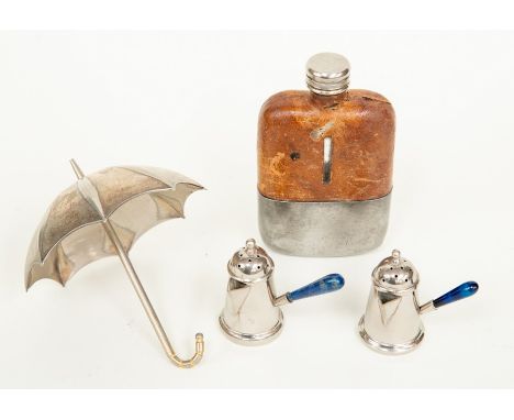 Two novelty plated coffee pot cruet set, plated hip flask with leather cover, plated umbrella