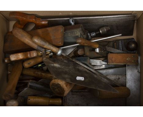Collection of vintage tools and gardening instruments, some bearing manufacturers names, in box with larger tools, loose (Q)