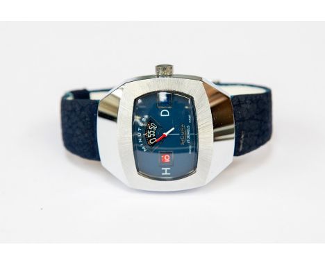 A 1970's Sicura gents&nbsp; watch, blue dial, day/ date window, blue leather strap&nbsp;