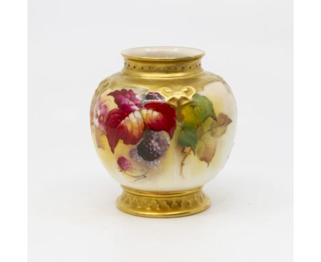 A Royal Worcester hand painted potpourri vase, missing lid, signed by K. Blake, painted with fruiting foliage, numbered to ba