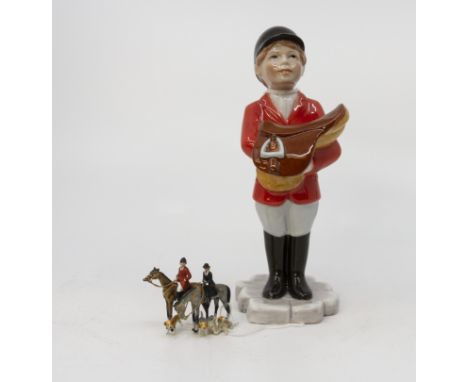 Royal Copenhagen statue of a little girl horse rider with saddle and lead figure of pair of hunting people on horseback with 