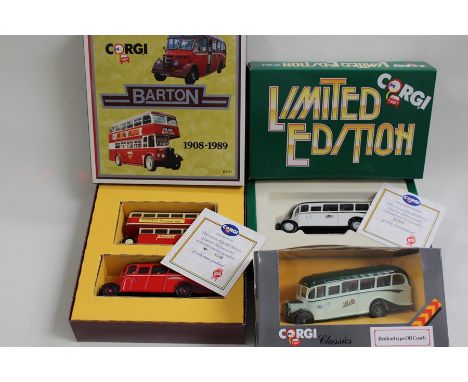 Corgi Barton Buses, boxed, Corgi Bronte Bedford 0B Coach, boxed, plus Bedford type 0B Coach, with box (3)