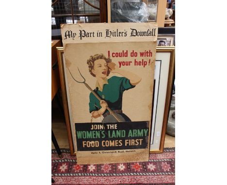 WW2 British Women's Land Army Recruiting Poster entitled "I could do with your help!". "Join the Women's Land Army. Food Come