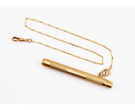 A 9ct gold pencil holder, engine turned engraving, plain cartouche, Birmingham 1933,&nbsp; E.Baker &amp; Son, total gross wei