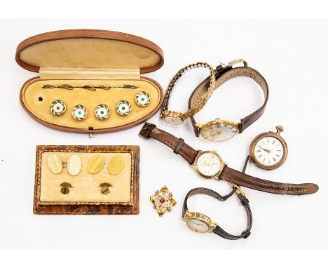 A collection jewellery to include an early 20th Century boxed set of enamel, mother of pearl and gilt metal dress studs (one 