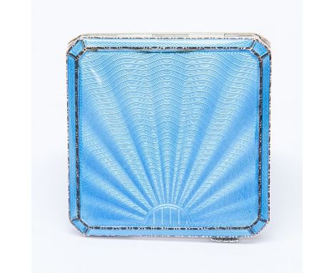 A silver and guilloche enamel compact, square shaped, sun ray engine turned pattern blue guilloche, Birmingham 1933