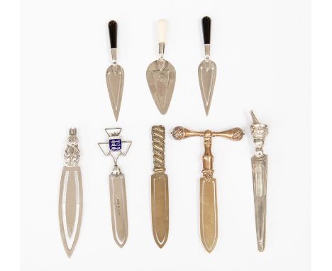 Three silver trowel bookmarks, two stamped 925, one hallmarked Birmingham 1983 S.J Rose, three others with English hallmarks 