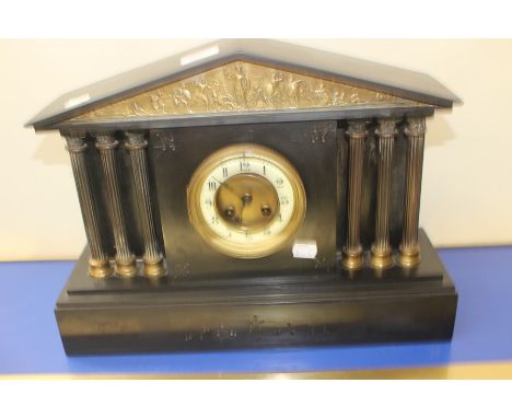 Late Victorian German slate mantle clock, classical Greek temple design, Arabic numerals