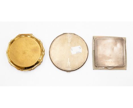 Two silver powder compacts, one white metal, Birmingham 1939 and a Stratton compact (3)