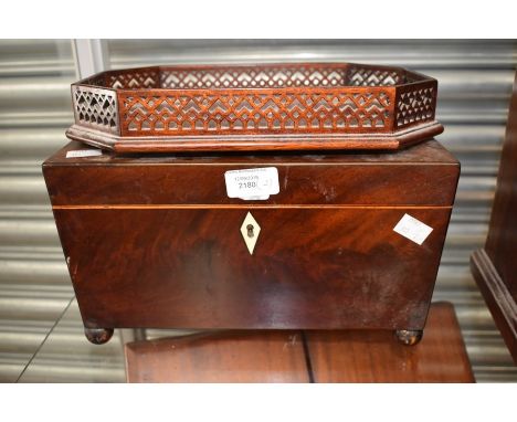 An Early Victorian tea caddy, mahogany and small mahogany Victorian galleried tray