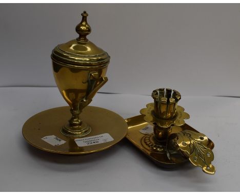 Brass twin handled trophy shaped inkwell and brass Continental candlestick