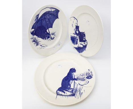 Three Poole Pottery blue and white cat plates, made for the National Trust inspired by examples from Kingston Lacy, Dorset, t