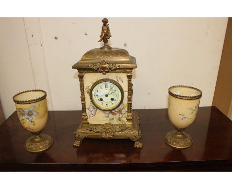 Late 19th Century bronzed mantel clock, made in Paris, with Adams style enamel face with Arabic numerals with hand painted ce