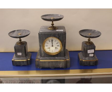 Marble clock garniture, grey, hourly and 1/2 hour striking, French