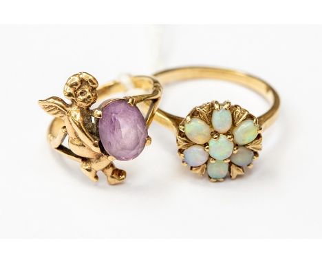 A 9ct gold and opal set cluster ring, flower head design set with oval and round opals, size P, along with a 9ct gold and ame